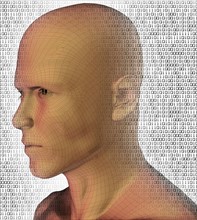 Digitally generated male profile against binary code background