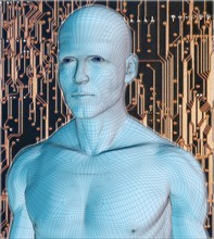 Digitally generated male figure against micro chip background