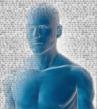 Digitally generated male figure against binary code background