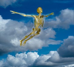 Human skeleton flying amidst clouds