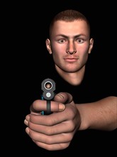 Digitally generated image of man aiming at camera with pistol