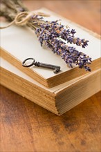 Antique book with key and lavender.