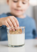 Boy (4-5) dipping cookie in milk.