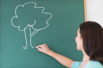 Woman drawing tree on blackboard.