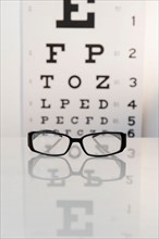 Studio shot of eyeglasses and eye chart