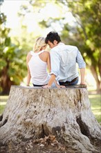 Couple sitting on tree stump