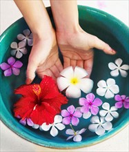 Human hands in bowl with floating flower heads