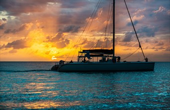 Catamaran on sea at sunset. Jamaica.