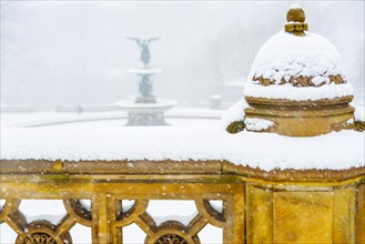 Central Park, Bethesda Fountain covered with snow in winter. USA, New York State, New York.