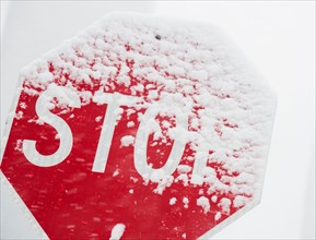 Red stop sign covered with snow. USA, New York State, New York.