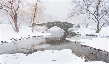 Central Park, Gapstow Bridge in winter. USA, New York State, New York.