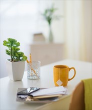 View of mug, flower pot, mobile phone and paper on table