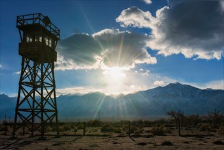 View at Manzanar Historic Site with silhouette of watchtower