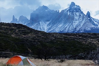 Camping in front of Cordillera del Paine