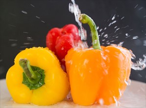 Close up of peppers under water splash, studio shot
