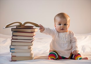 Portrait of baby girl (6-11 months) sitting in bed with stack of books