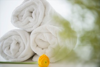 Studio Shot of rolled up towels with yellow flower