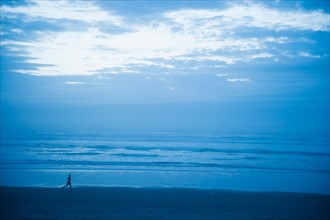 Distant view of woman running along beach