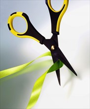 Studio Shot of scissors cutting ribbon