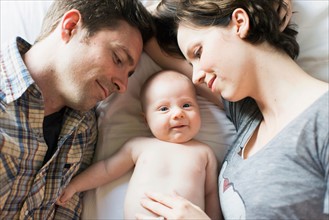 Parents and baby son (2-5 months) lying on bed