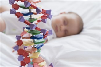 Baby girl (2-5 months) sleeping in bed behind DNA model.
Photo : Jamie Grill