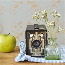 Studio shot of vintage camera, apple and flowers.