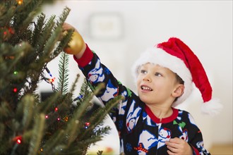 Boy (6-7) with santa hat decorating Christmas tree.
Photo : Daniel Grill