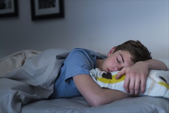 Teenage boy (16-17) sleeping in bed.