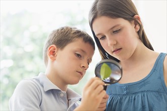 Boy and girl (8-9, 10-11) looking through magnifying glass.