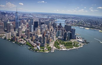 Aerial view of Manhattan and New York City skyline.