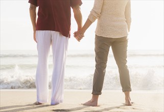 Rear view of senior couple holding hands.
Photo : Daniel Grill