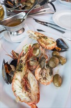 Langoustine with mussels and green olives. Cascais, Portugal.