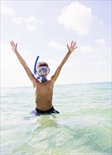 Boy (10-11) snorkeling in sea