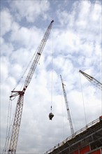 Cranes against cloudy sky, low angle view