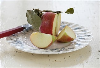 Studio shot of sliced apple on plate.
