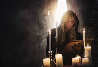 Sorceress reading book in dark room.