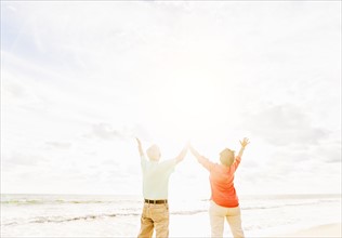 Rear view of couple with arms raised on beach