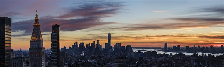 Panoramic view of city at dusk. New York City, New York.