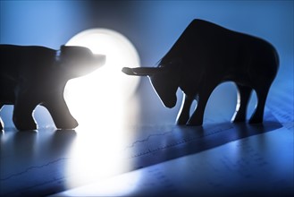 Silhouettes of figurines of bull and bear in spot light.