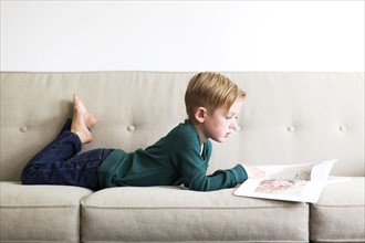 Boy (2-3) reading book on sofa