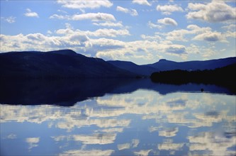 Symmetrical view of blue sky and clouds reflecting in lake