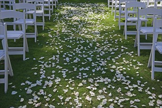 Flower petals on green lawn for wedding ceremony, chairs on sides, symmetrical image