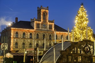 Illuminated Christmas tree and town hall