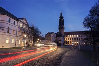 Light trails in old town street