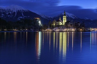 Lake Bled and illuminated Church of the Assumption