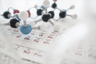 Molecular structure and periodic table on desk.