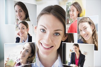 Composite image of woman surrounded with her photographs