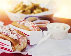 View of lobster sandwiches and salad