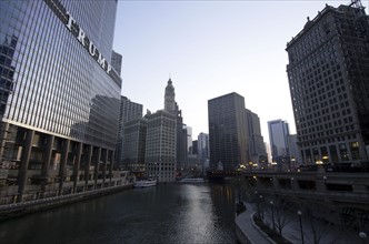 Chicago river flowing between skyscrapers