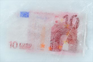 Studio Shot of 10 euro bill frozen in ice